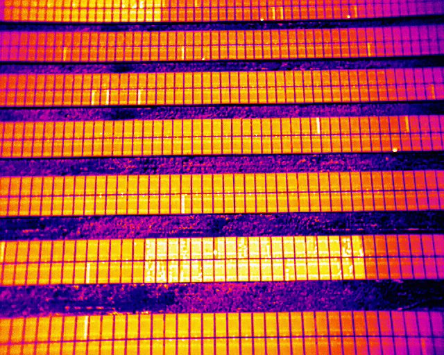 Thermal scan of solar modules showing potential hot spots