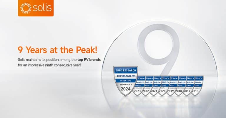 Solis awarded Top PV Inverter Brand seal for ninth consecutive year from EUPD