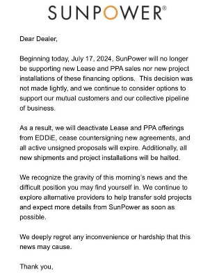 Sunpower halts leases and PPAs