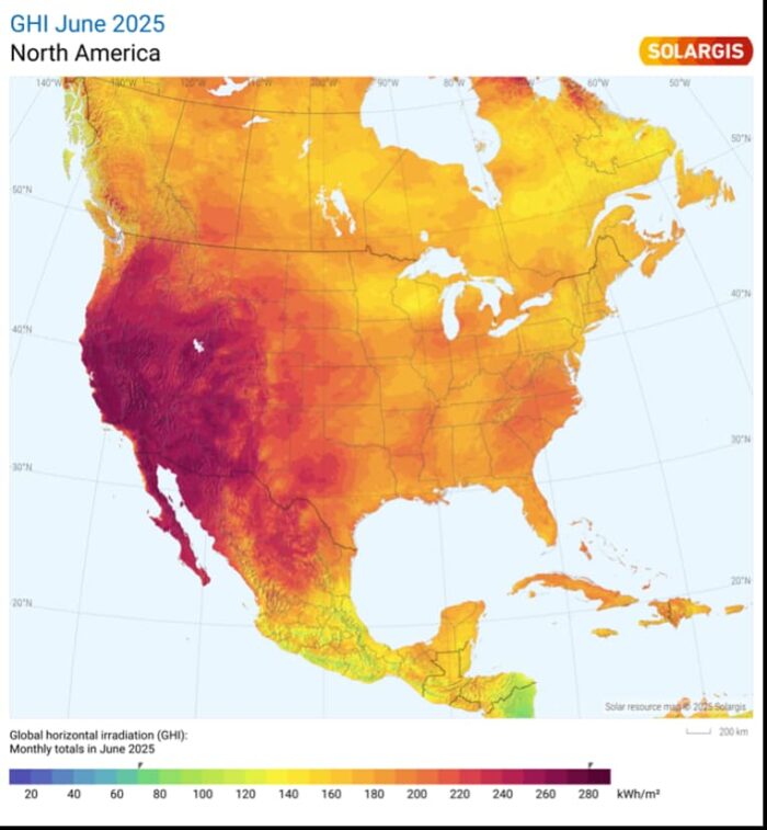June global horizonal irradiation USA – showing potential of 280 kWh_m2
