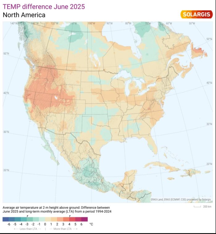 Map showing temperature difference in North America June 2025. Graphic via Solargis