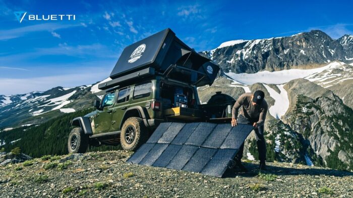 The BLUETTI SORA 500 portable solar panel on an RV